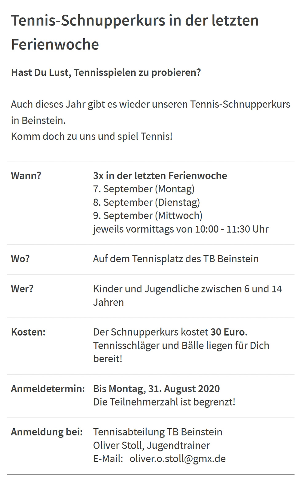 Tennis-Schnupperkurs in der letzten Ferienwoche