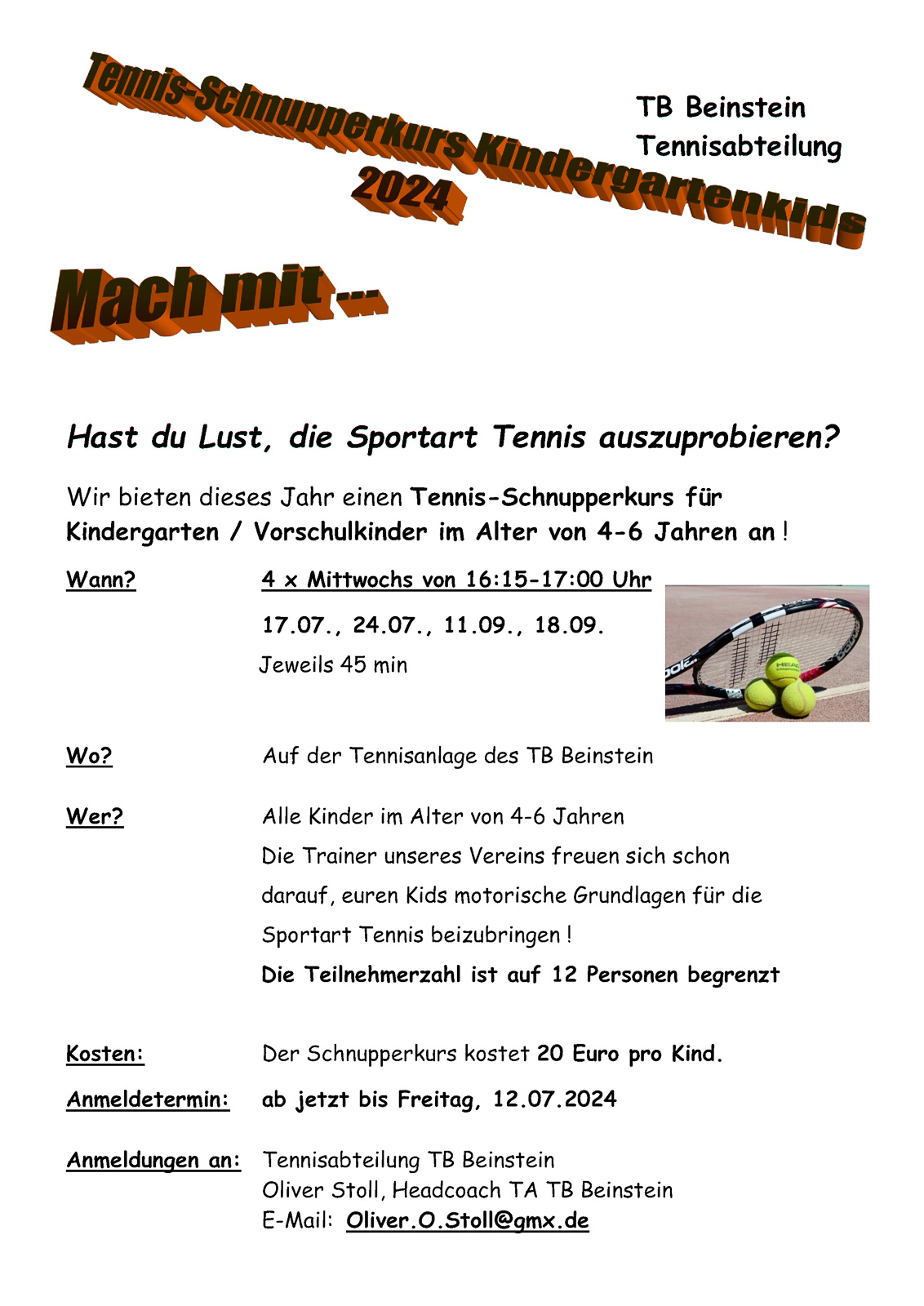 Tennis-Schnupperkurs für Kindergartenkids