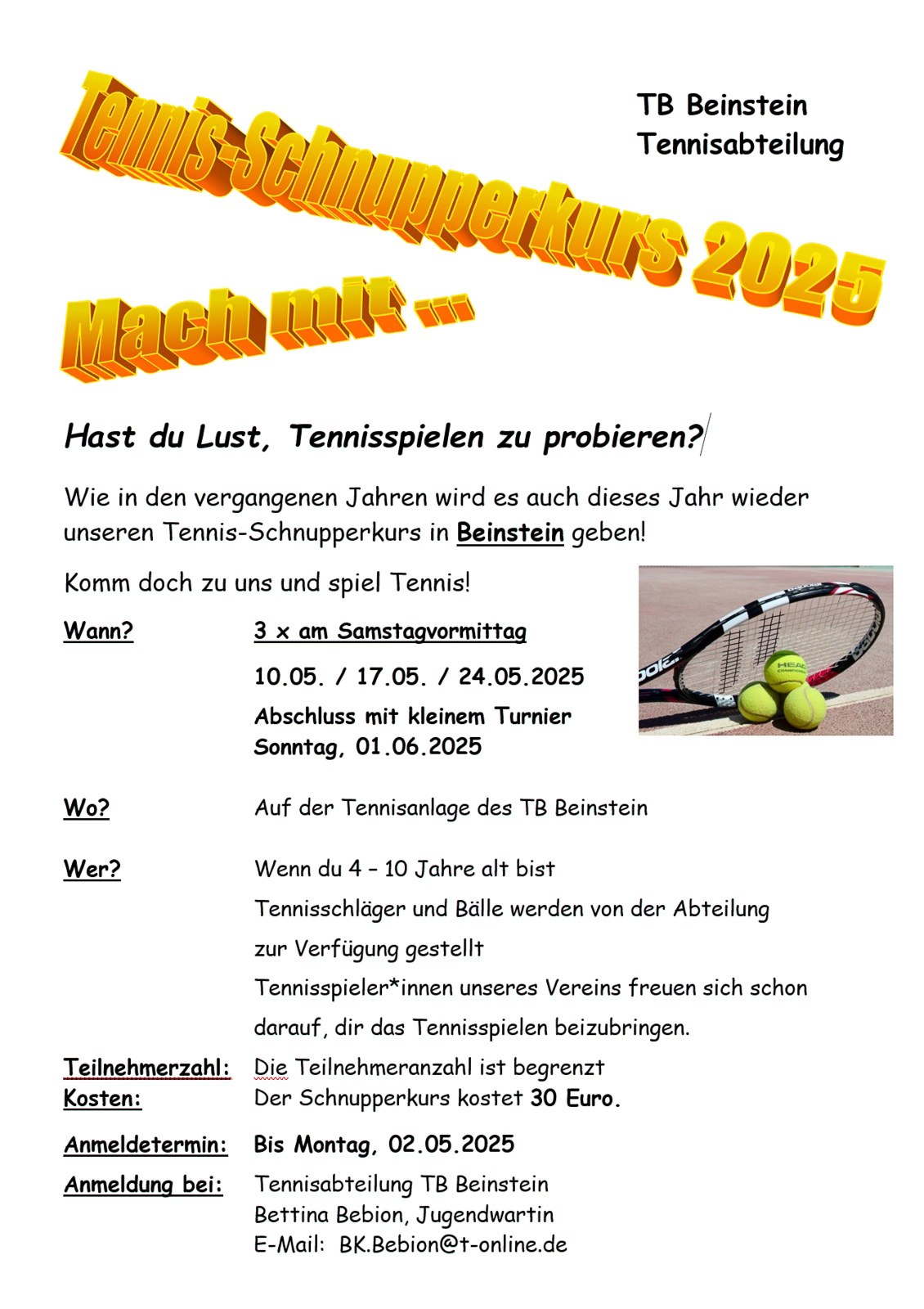 Tennis-Schnupperkurs für Kinder